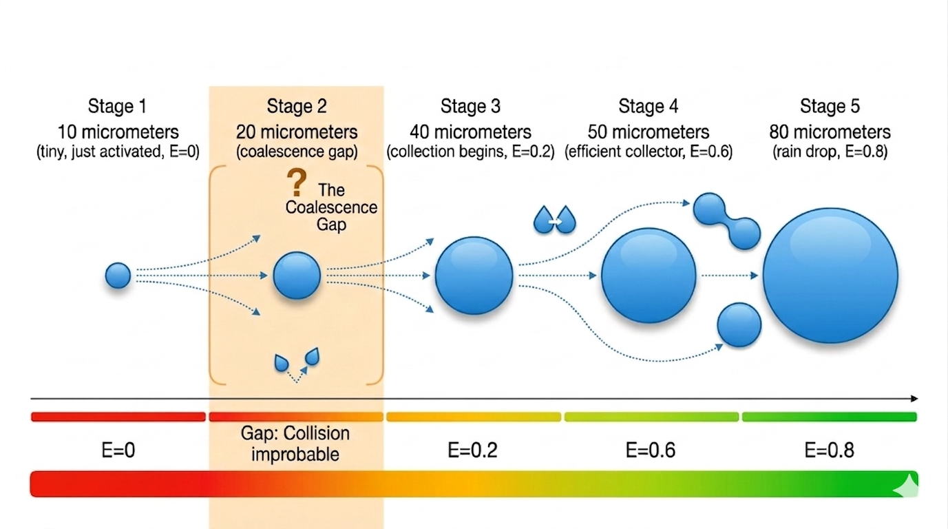 The coalescence gap: droplet growth stages from 10 to 80 micrometers with increasing collision efficiency